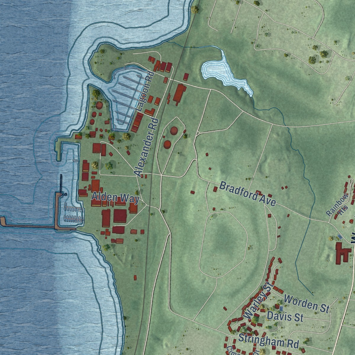 Second close-up of the map of Melville, Rhode Island print showing more streets and buildings