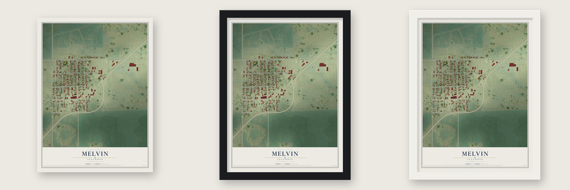 Melvin, Illinois map unframed, in a black wood frame and in a white wood frame