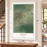 Melvin, Illinois map, 24 x 36 inch print in a white frame by a staircase