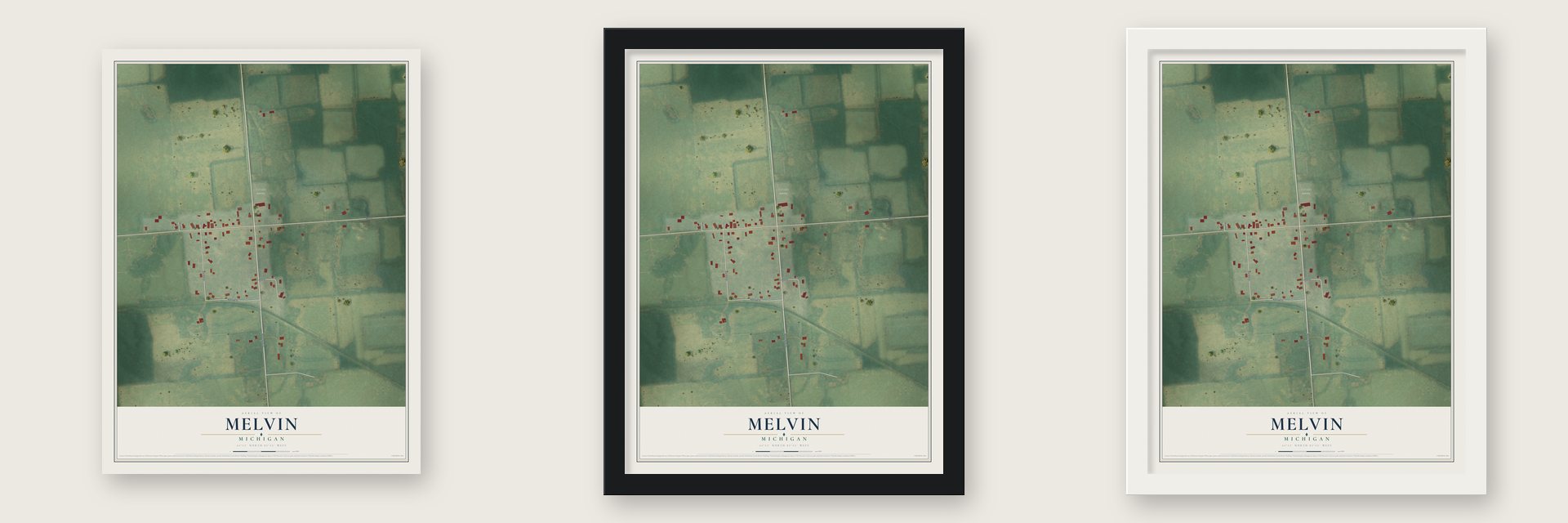 Melvin, Michigan map unframed, in a black wood frame and in a white wood frame