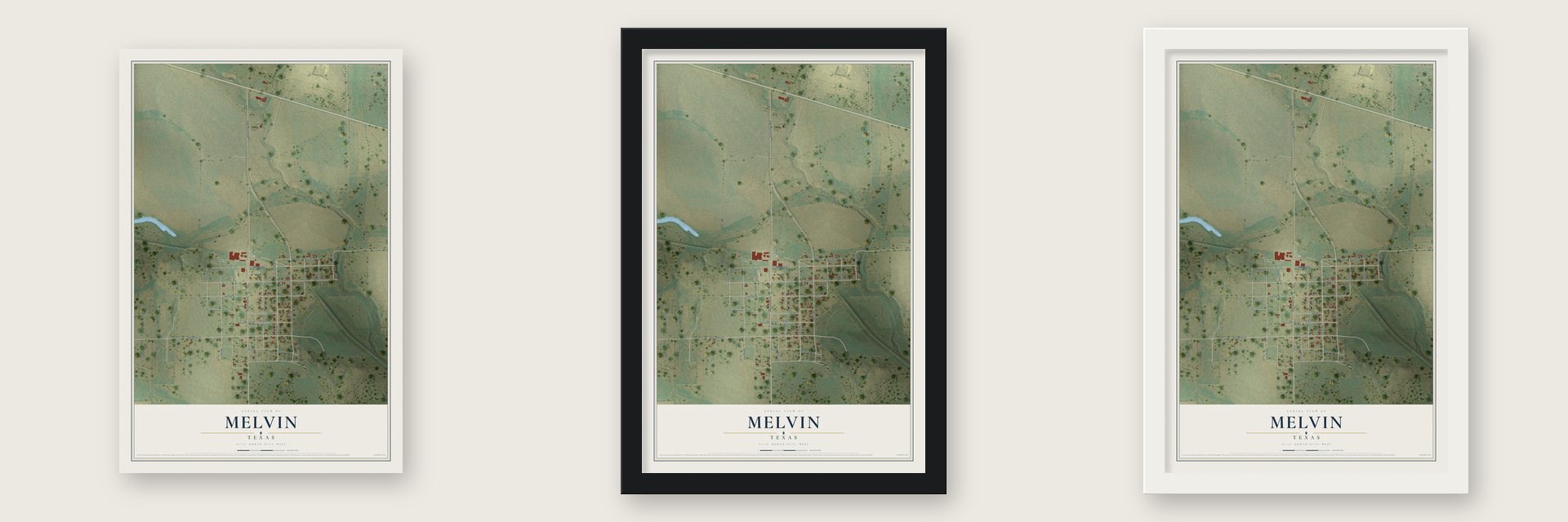 Melvin, Texas map unframed, in a black wood frame and in a white wood frame