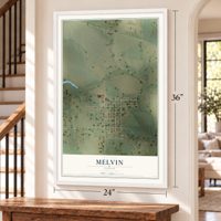 Melvin, Texas map, 24 x 36 inch print in a white frame by a staircase