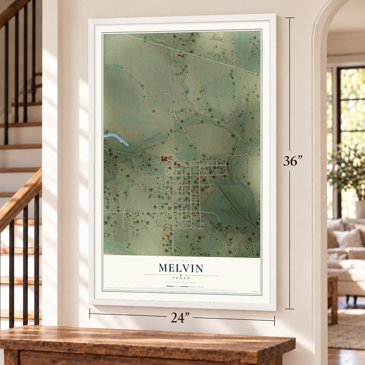 Melvin, Texas map, 24 x 36 inch print in a white frame by a staircase