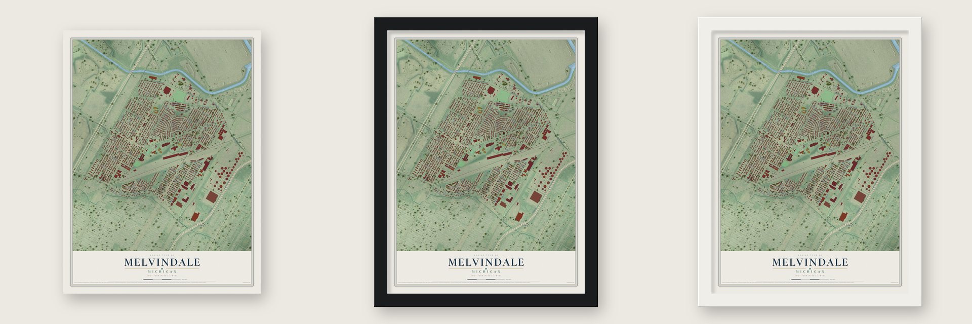 Melvindale, Michigan map unframed, in a black wood frame and in a white wood frame