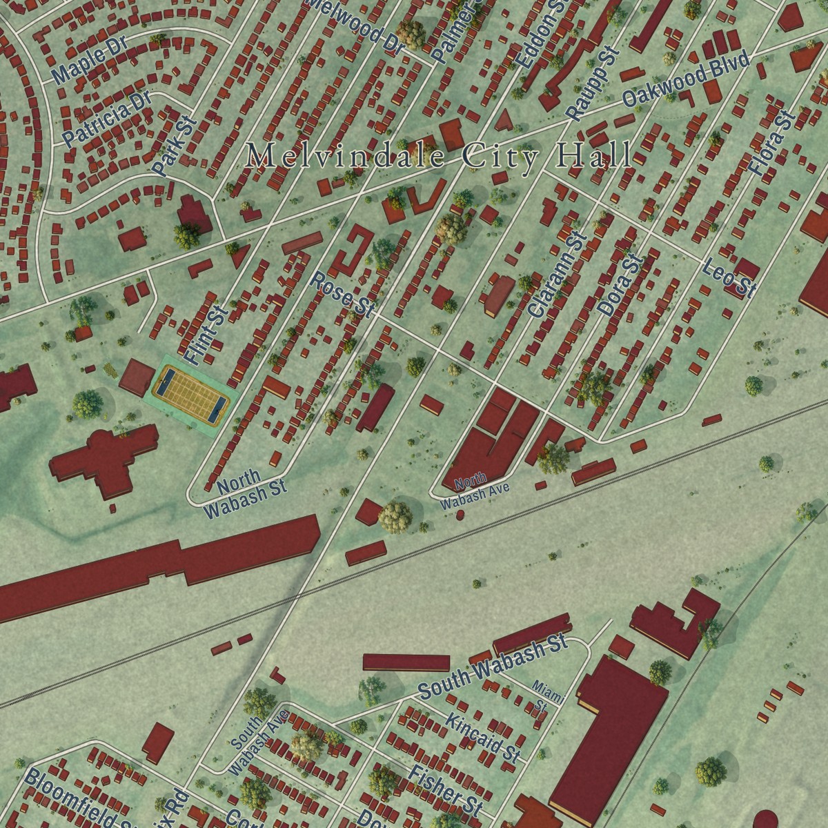 Second close-up of the map of Melvindale, Michigan print showing more streets and buildings