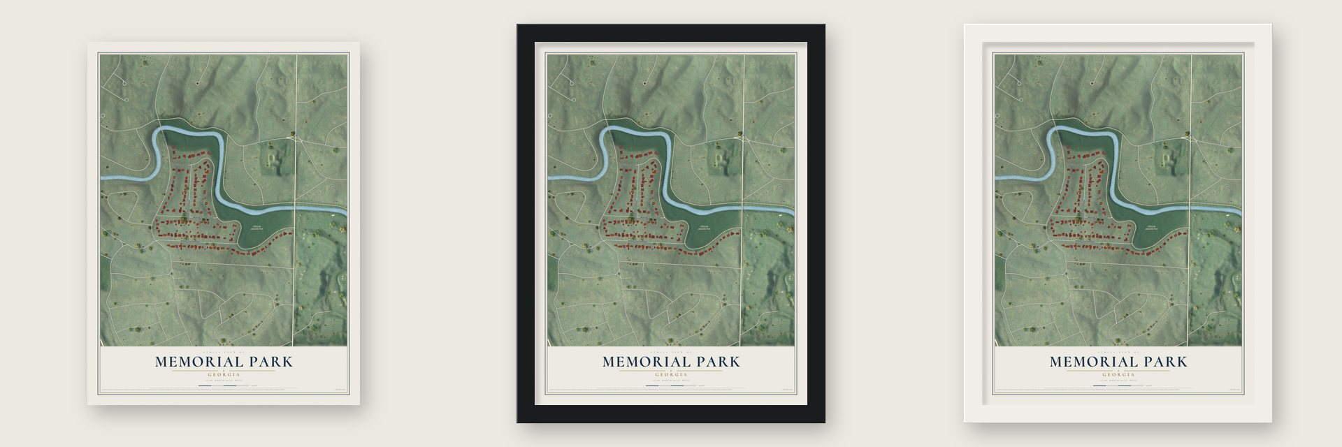 Memorial Park, Georgia map unframed, in a black wood frame and in a white wood frame