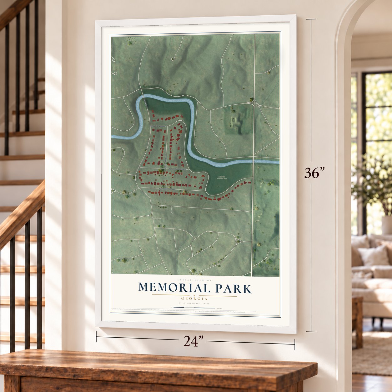 Memorial Park, Georgia map, 24 x 36 inch print in a white frame by a staircase