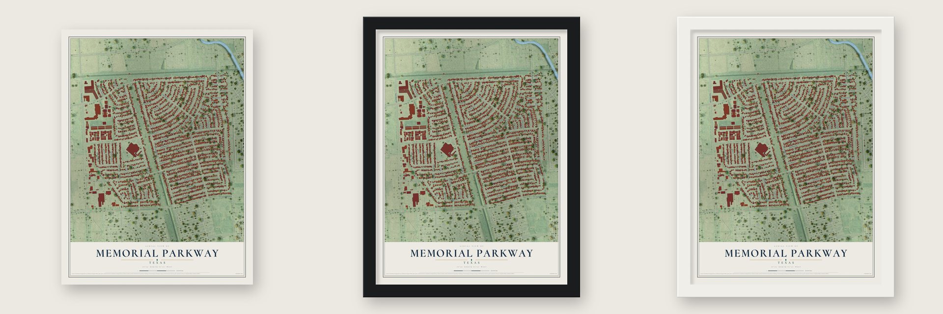 Memorial Parkway, Texas map unframed, in a black wood frame and in a white wood frame