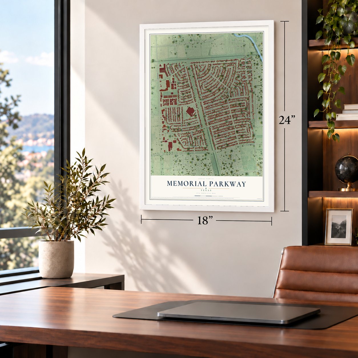 Memorial Parkway, Texas map, 18 x 24 inch print in a white frame in a home office