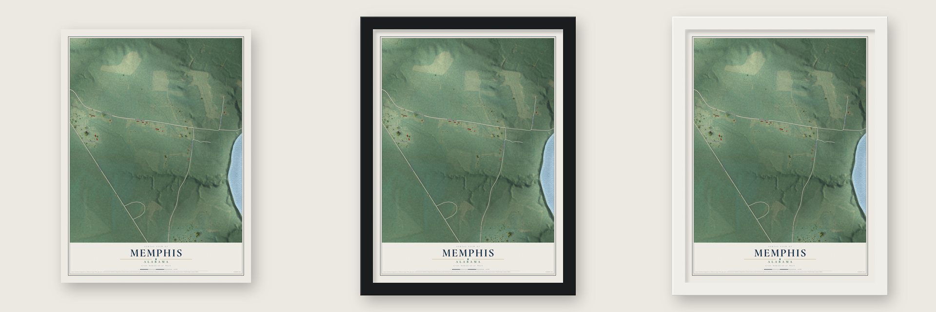 Memphis, Alabama map unframed, in a black wood frame and in a white wood frame