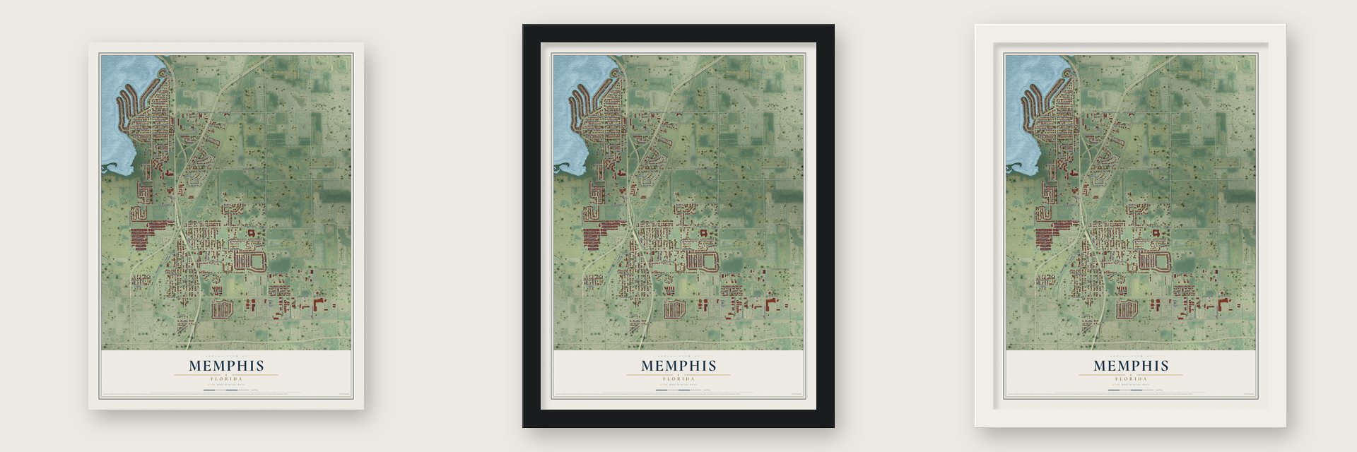 Memphis, Florida map unframed, in a black wood frame and in a white wood frame