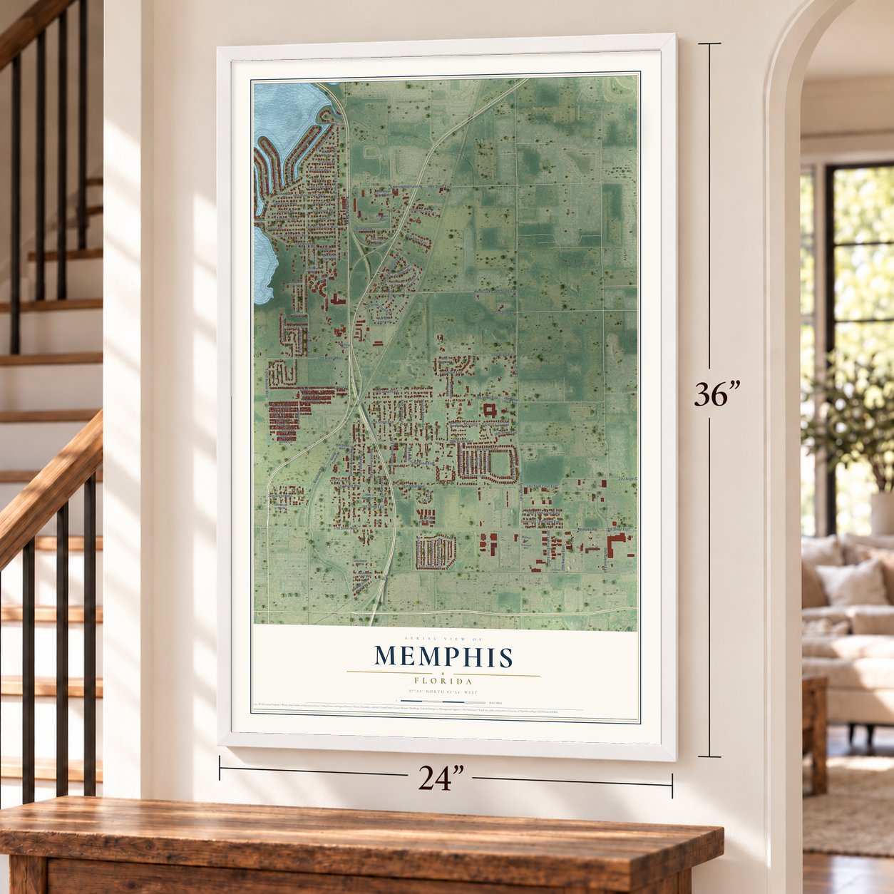Memphis, Florida map, 24 x 36 inch print in a white frame by a staircase