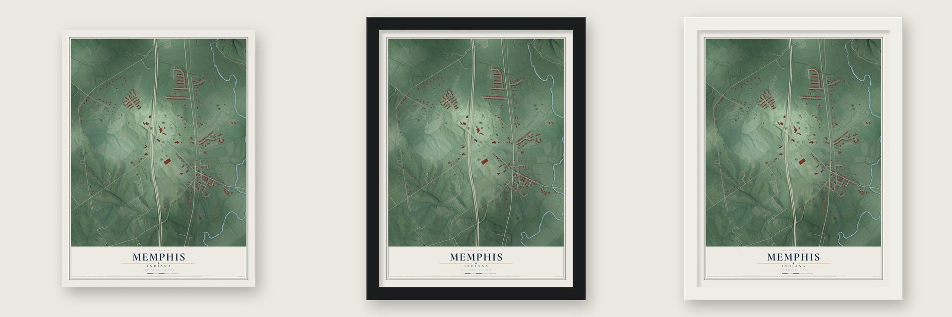 Memphis, Indiana map unframed, in a black wood frame and in a white wood frame