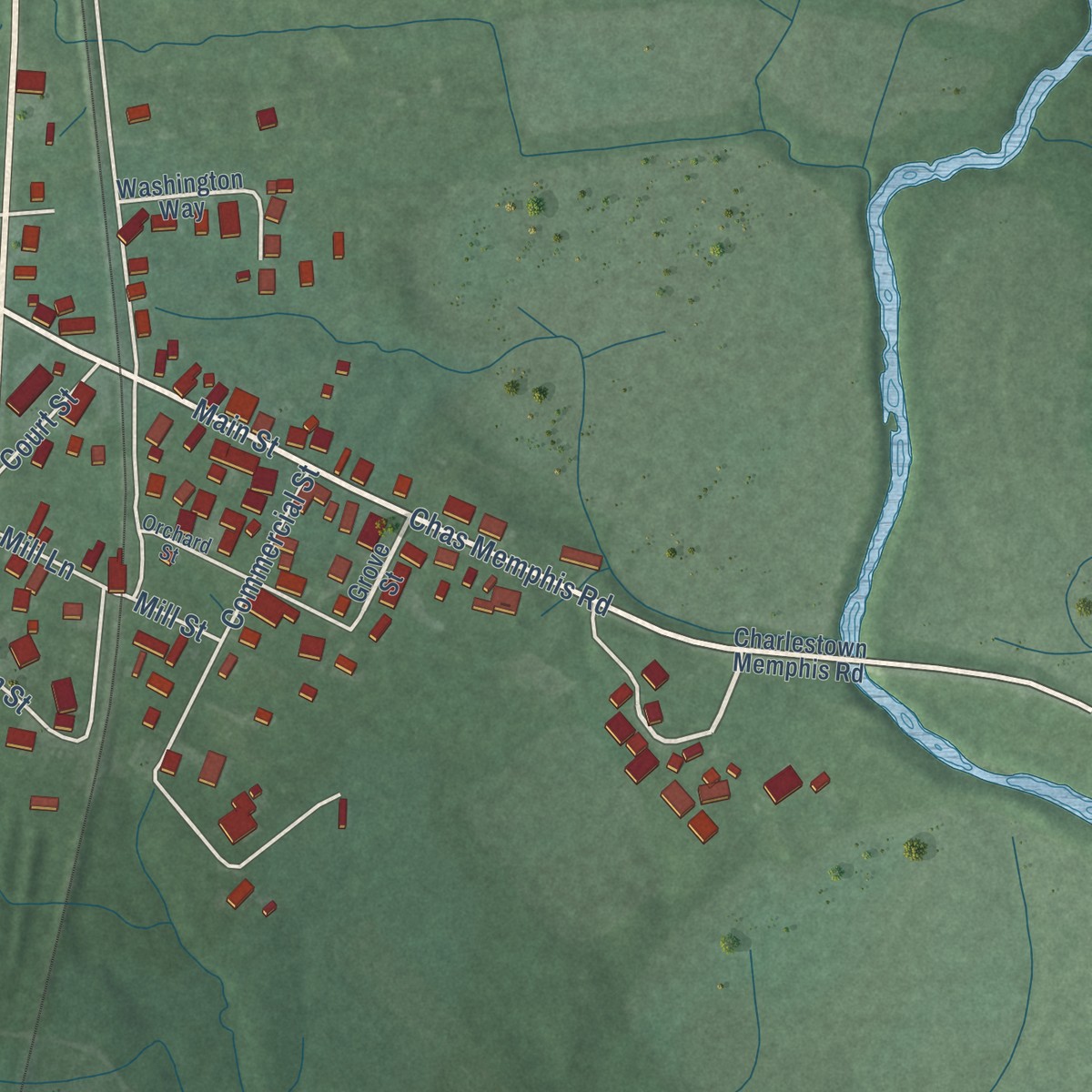 Second close-up of the map of Memphis, Indiana print showing more streets and buildings