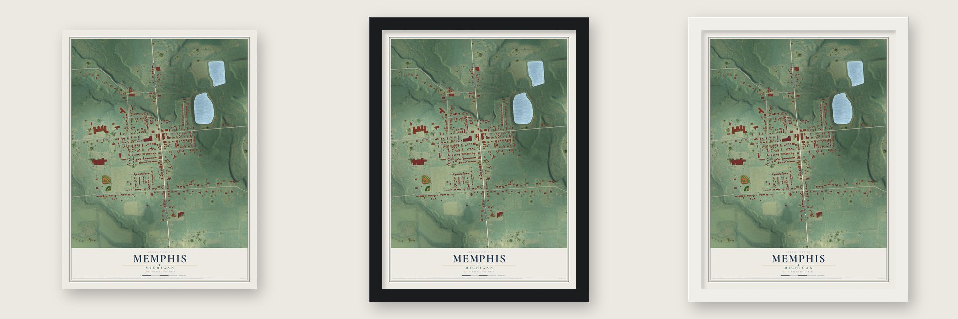 Memphis, Michigan map unframed, in a black wood frame and in a white wood frame