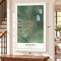 Memphis, Michigan map, 24 x 36 inch print in a white frame by a staircase