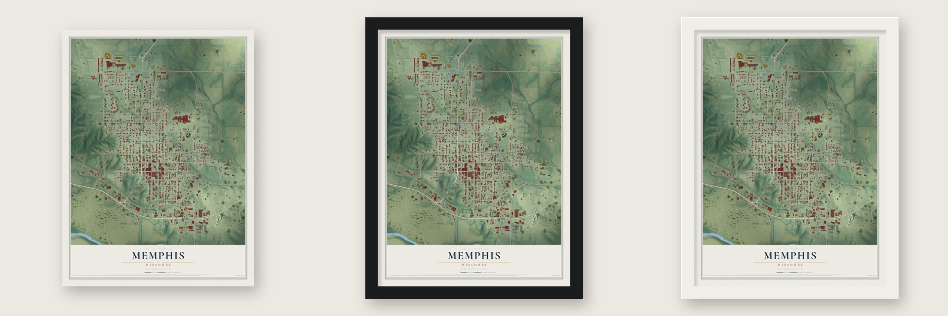 Memphis, Missouri map unframed, in a black wood frame and in a white wood frame