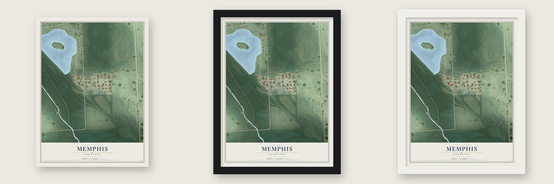 Memphis, Nebraska map unframed, in a black wood frame and in a white wood frame