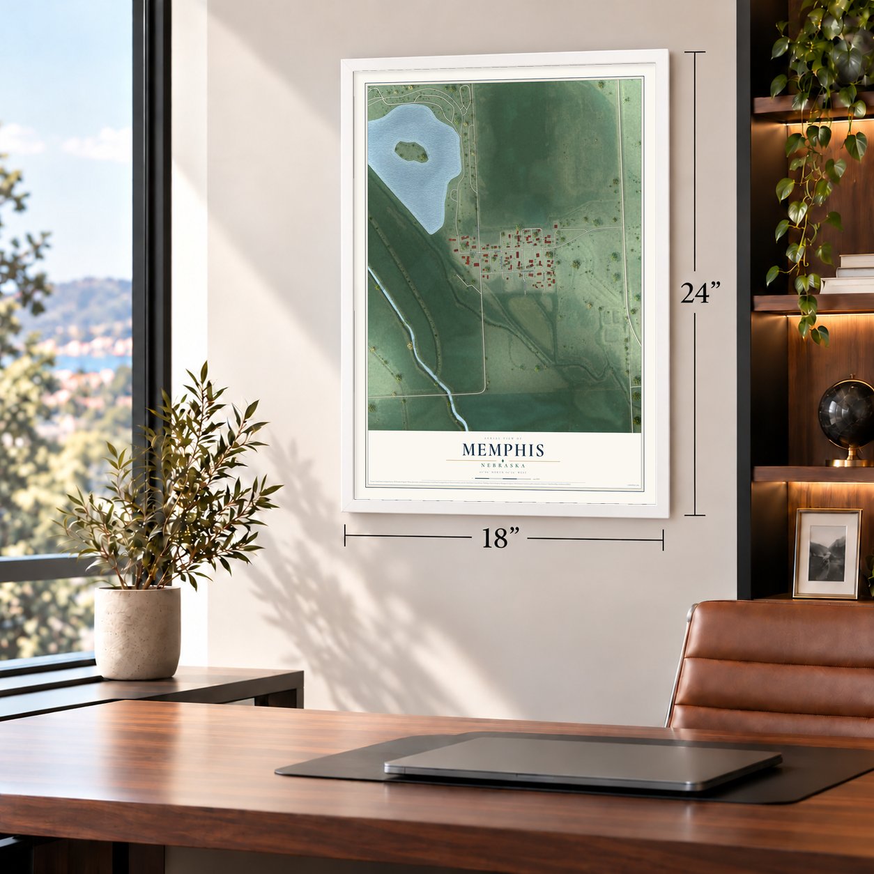Memphis, Nebraska map, 18 x 24 inch print in a white frame in a home office
