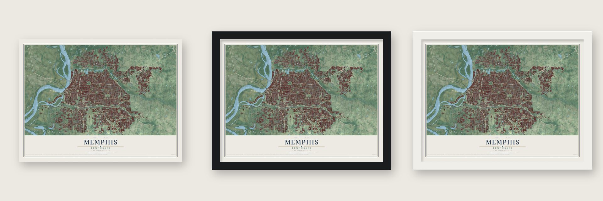 Memphis, Tennessee map unframed, in a black wood frame and in a white wood frame