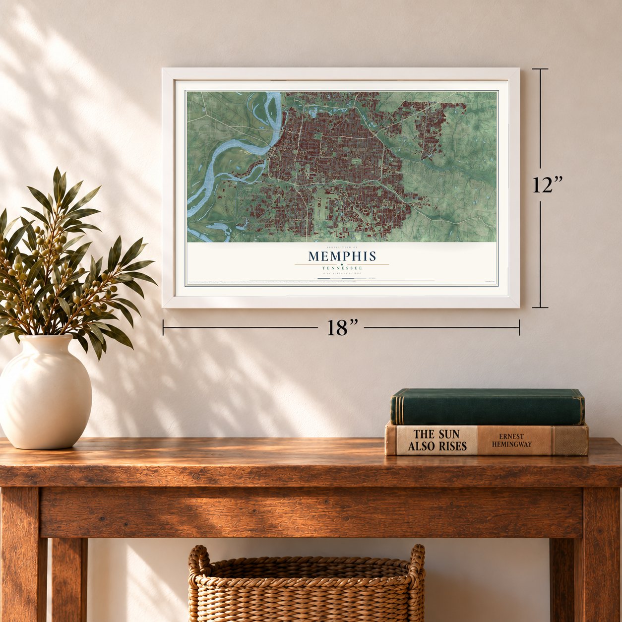 Memphis, Tennessee map, 12 x 18 inch print in a white frame in an entryway