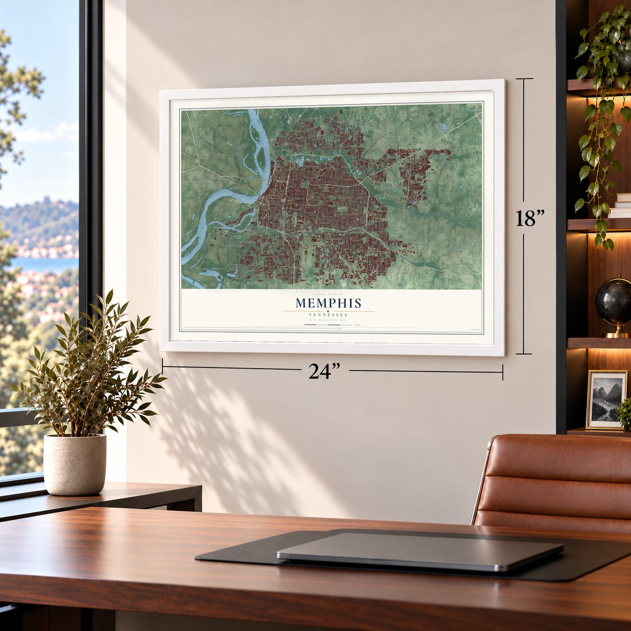 Memphis, Tennessee map, 18 x 24 inch print in a white frame in a home office