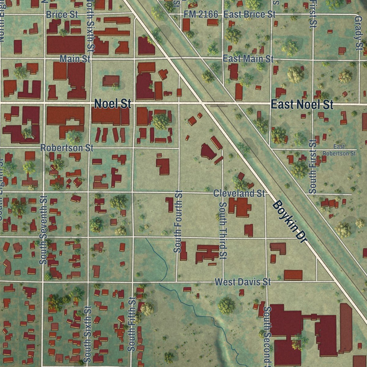 Second close-up of the map of Memphis, Texas print showing more streets and buildings