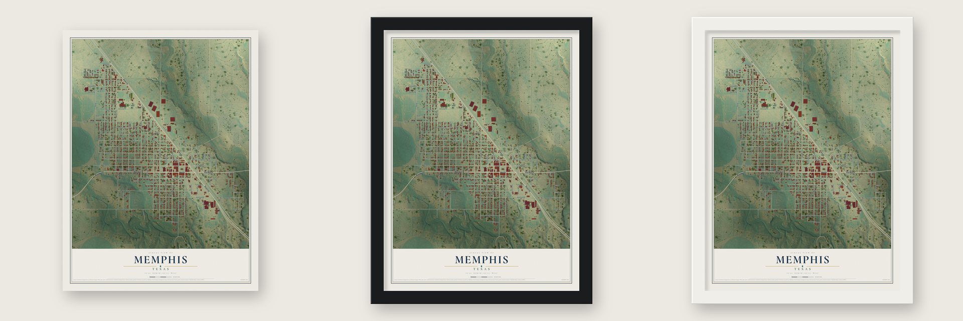 Memphis, Texas map unframed, in a black wood frame and in a white wood frame