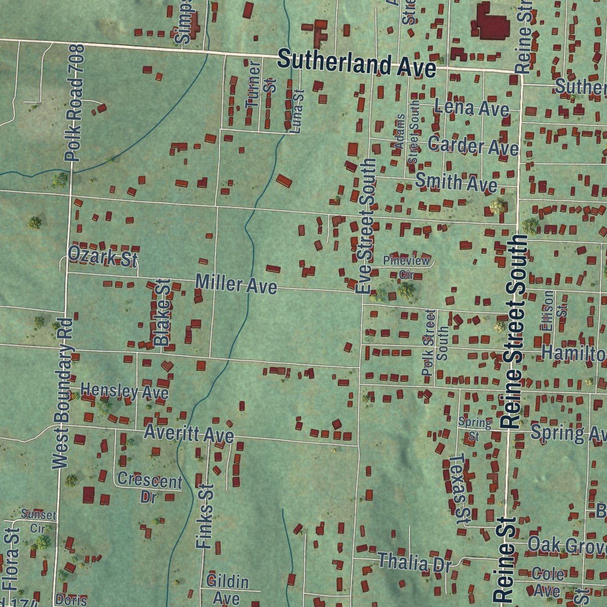 Second close-up of the map of Mena, Arkansas print showing more streets and buildings