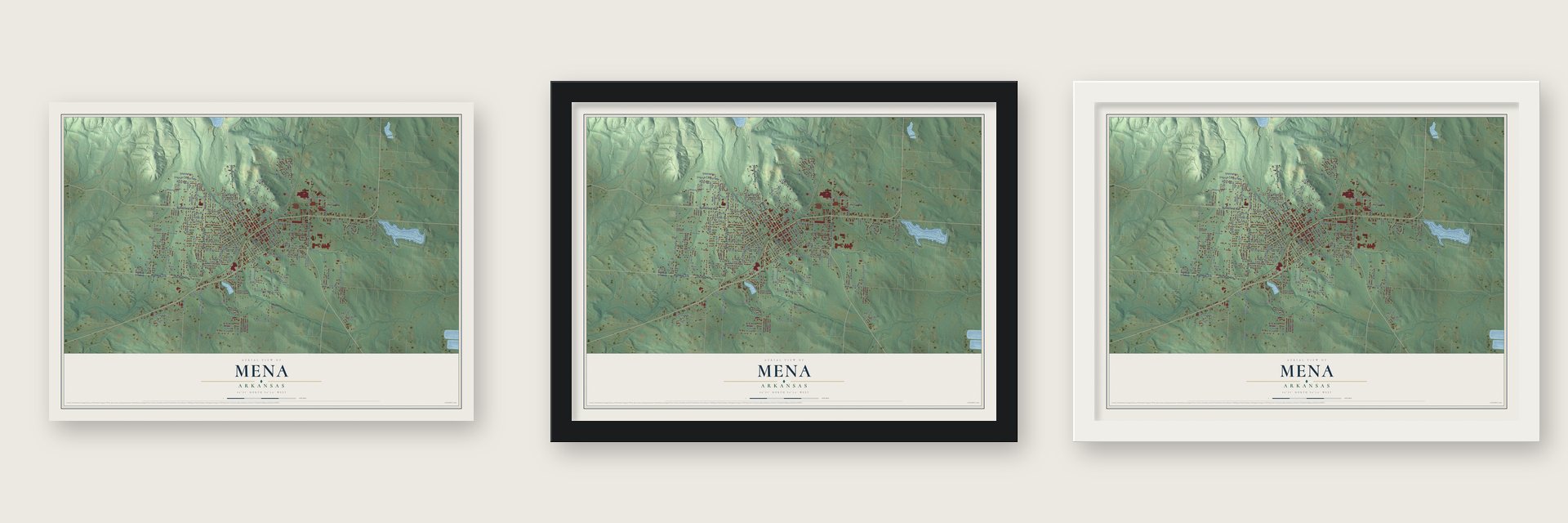 Mena, Arkansas map unframed, in a black wood frame and in a white wood frame