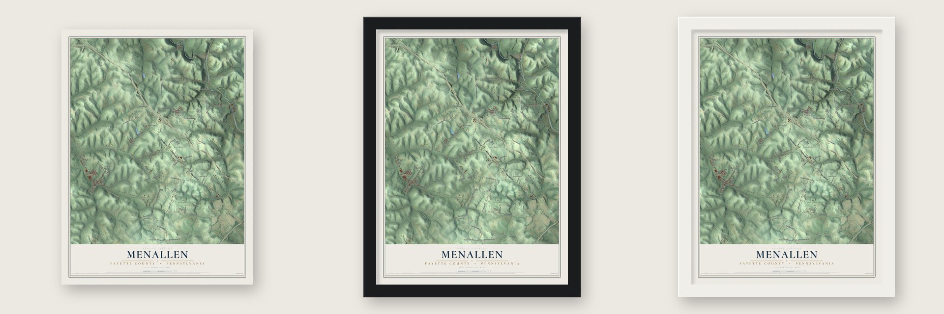 Menallen, Fayette County, Pennsylvania map unframed, in a black wood frame and in a white wood frame