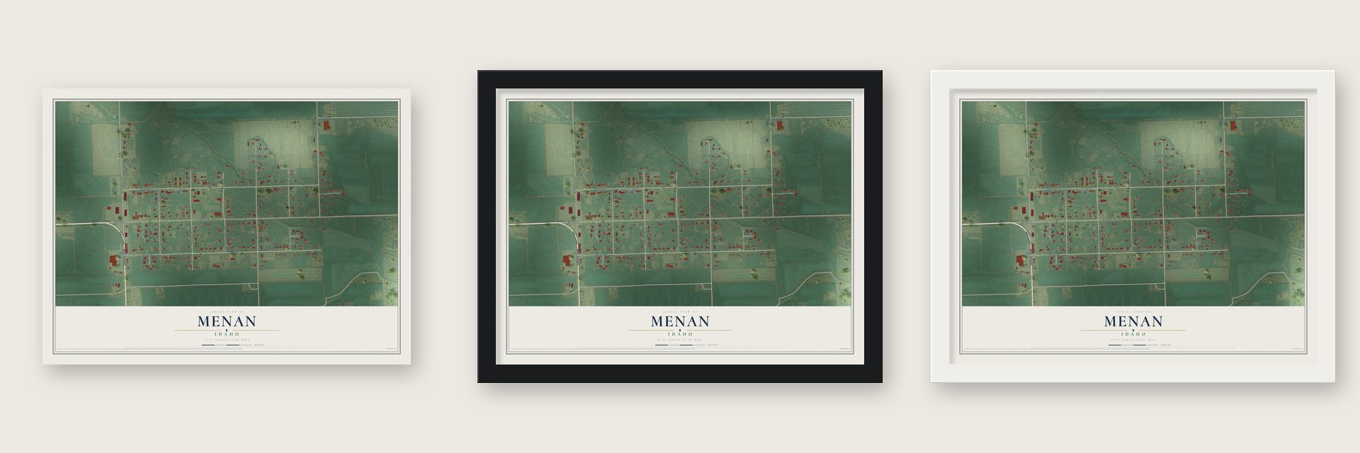 Menan, Idaho map unframed, in a black wood frame and in a white wood frame