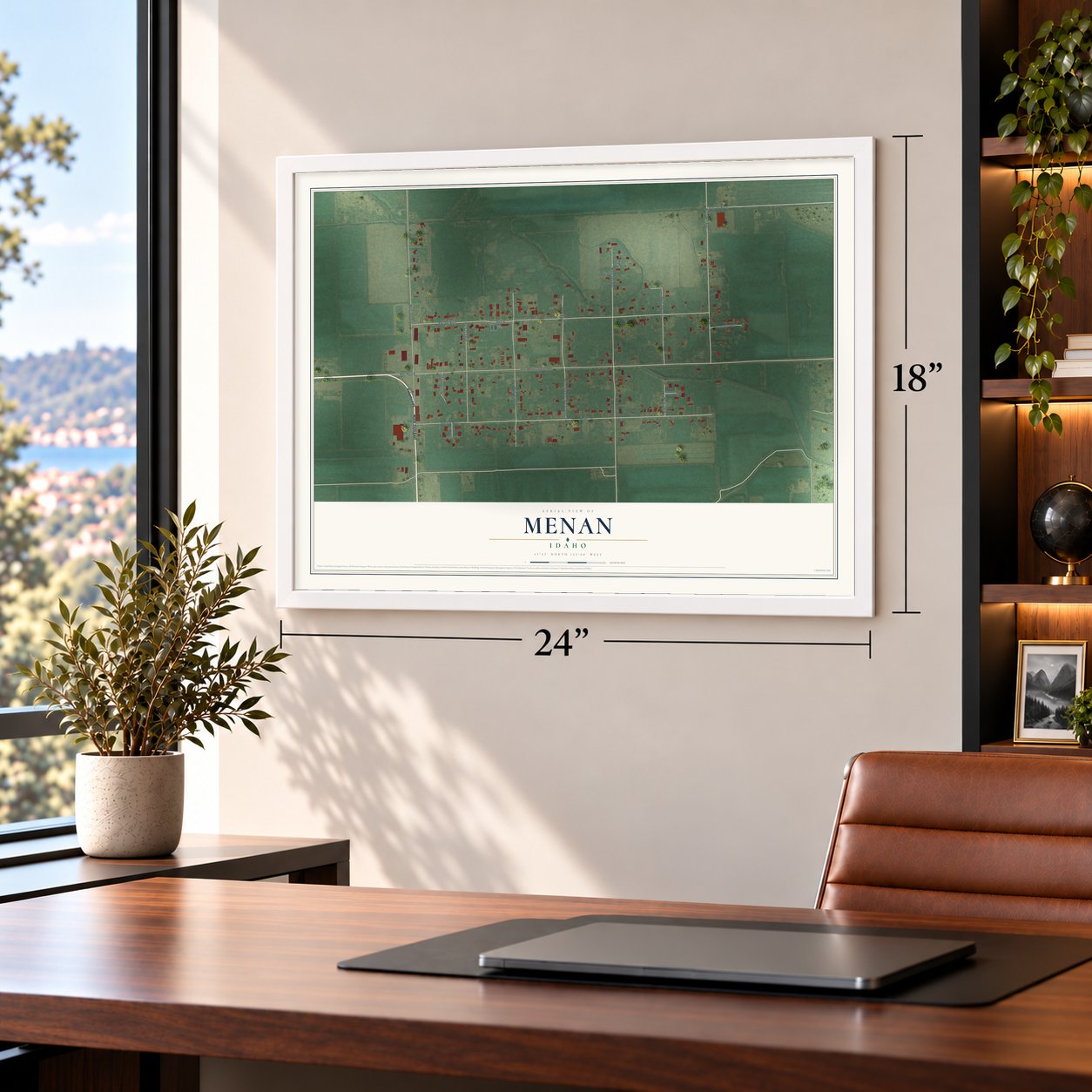 Menan, Idaho map, 18 x 24 inch print in a white frame in a home office