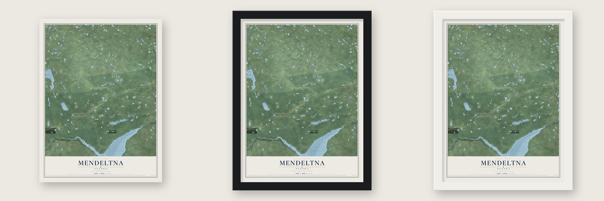 Mendeltna, Alaska map unframed, in a black wood frame and in a white wood frame