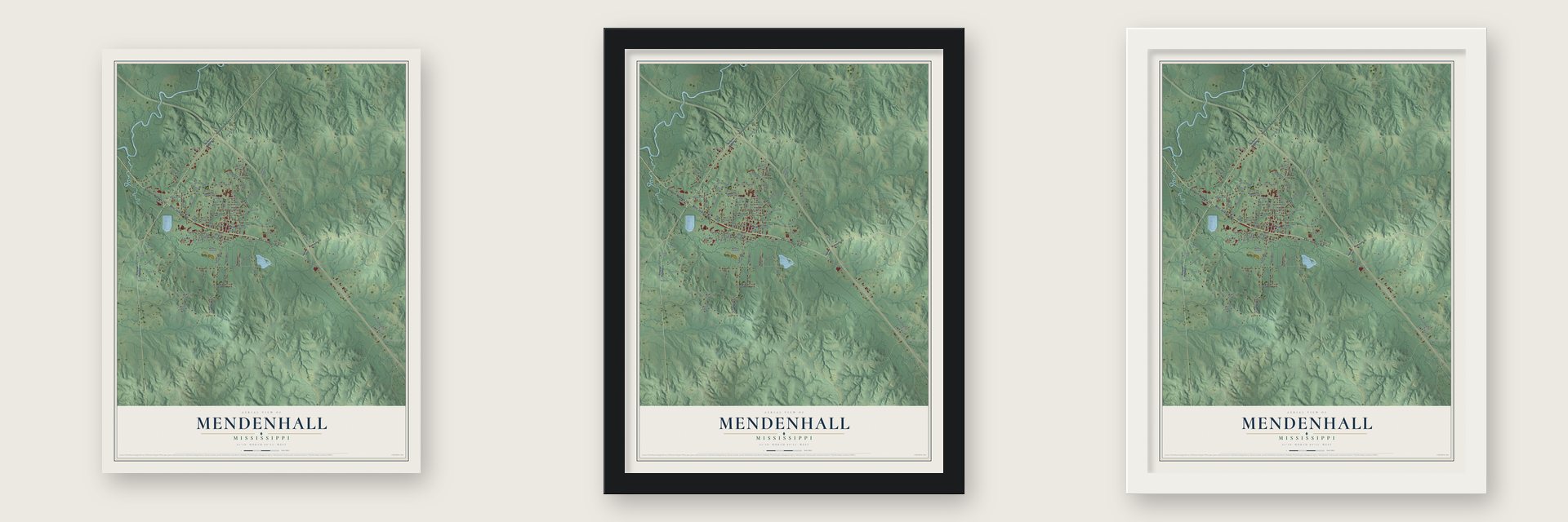 Mendenhall, Mississippi map unframed, in a black wood frame and in a white wood frame