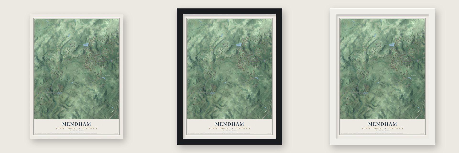 Mendham, Morris County, New Jersey map unframed, in a black wood frame and in a white wood frame