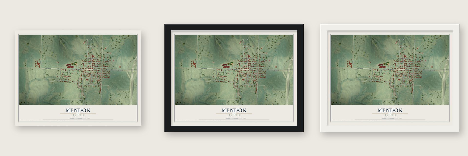 Mendon, Illinois map unframed, in a black wood frame and in a white wood frame