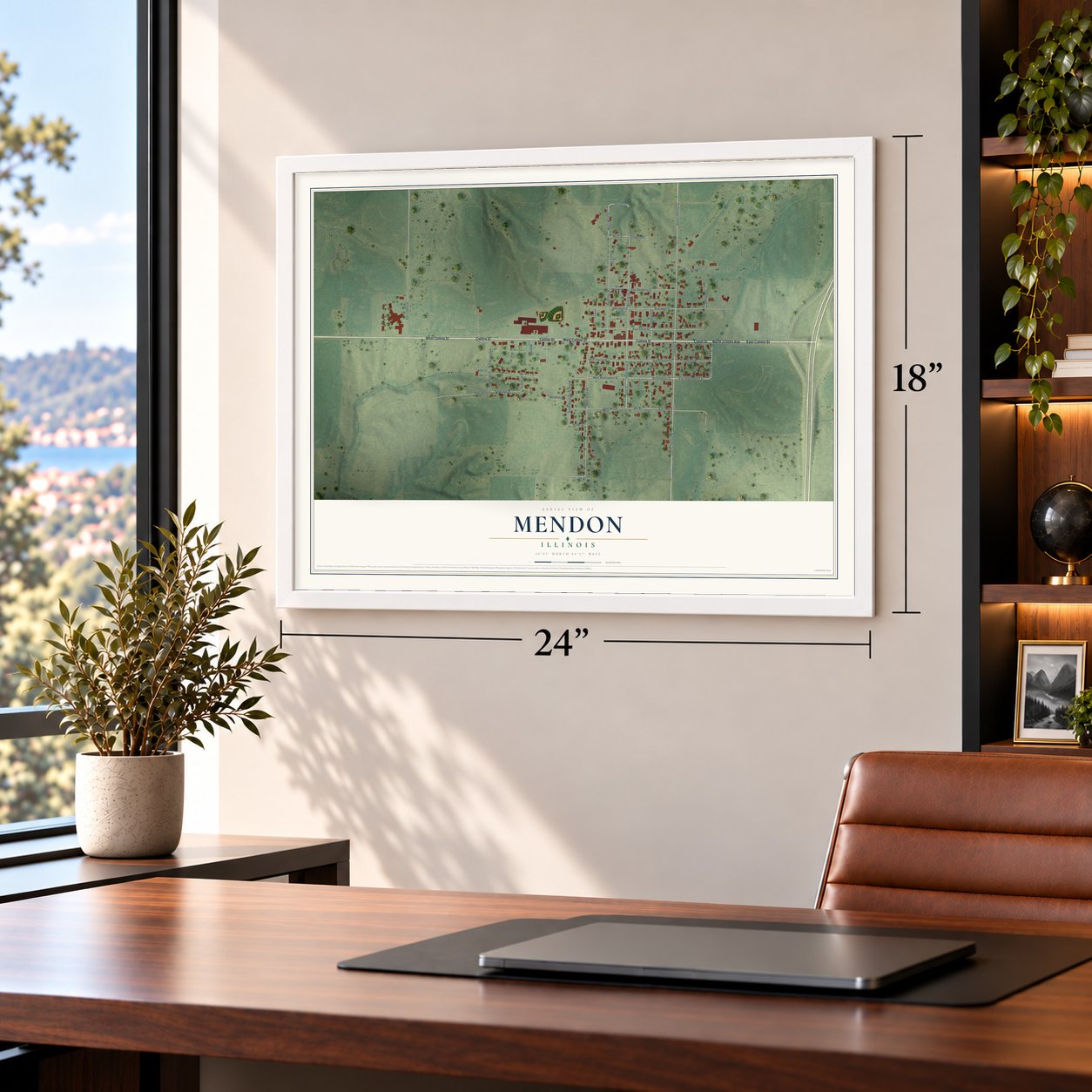 Mendon, Illinois map, 18 x 24 inch print in a white frame in a home office