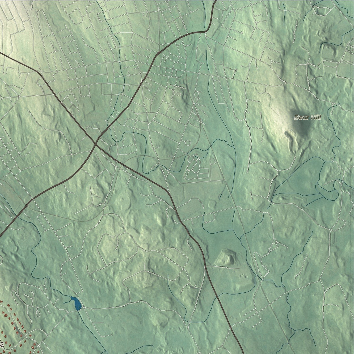 Close-up of the map of Mendon, Massachusetts print showing terrain and local geography