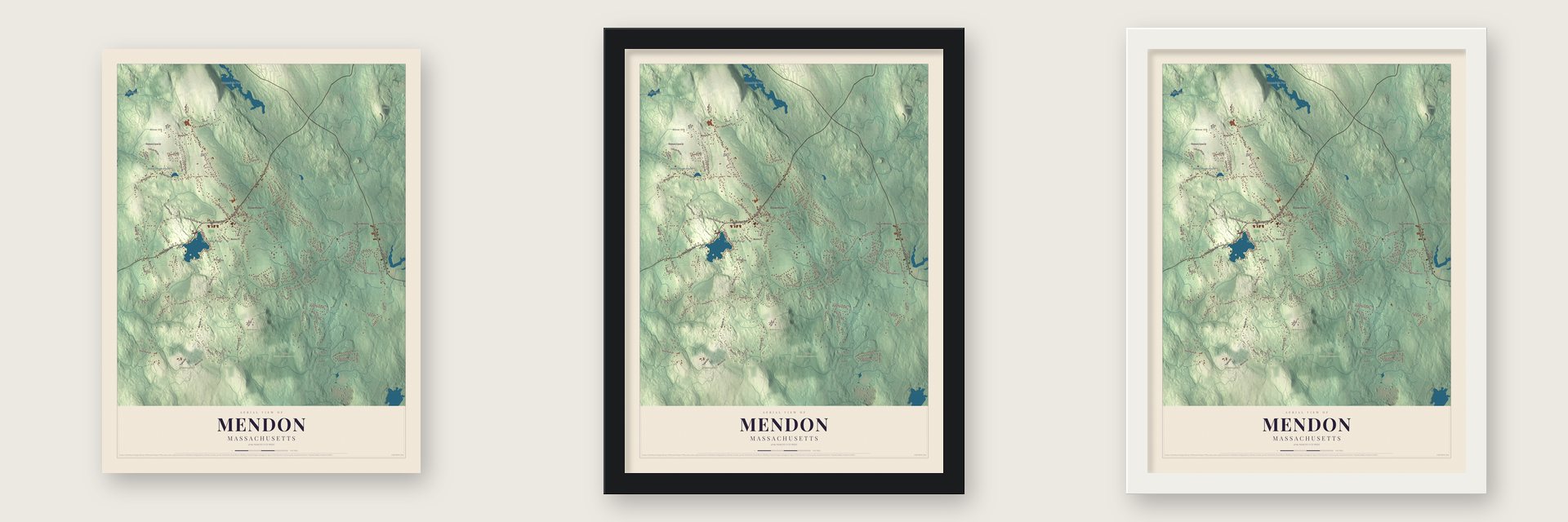 Mendon, Massachusetts map unframed, in a black wood frame and in a white wood frame