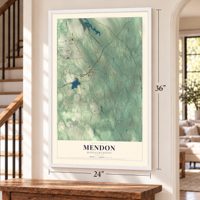 Mendon, Massachusetts map, 24 x 36 inch print in a white frame by a staircase