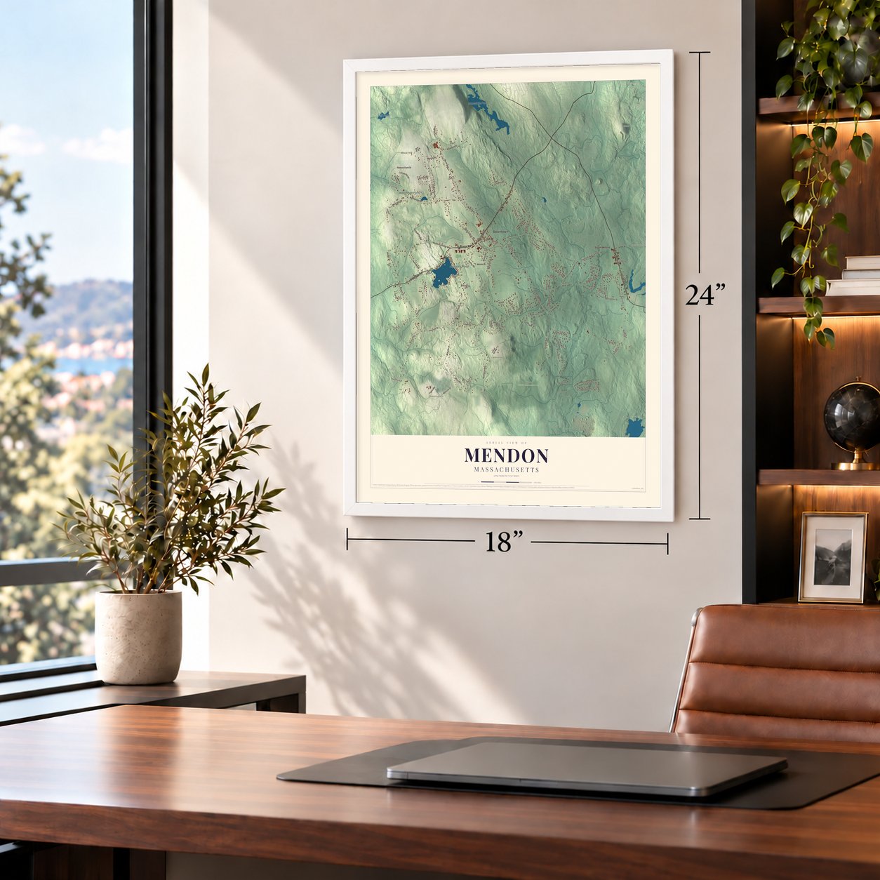 Mendon, Massachusetts map, 18 x 24 inch print in a white frame in a home office