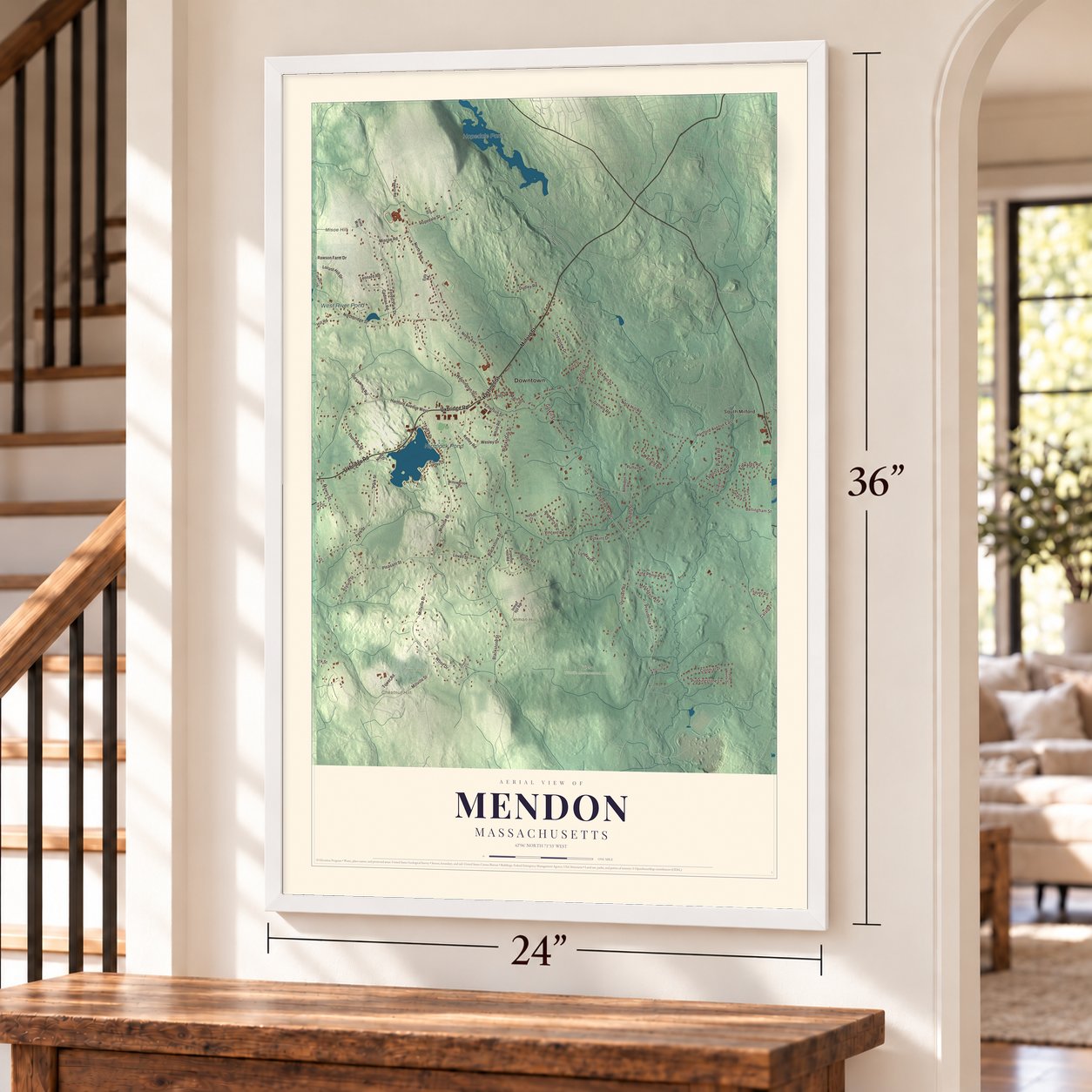 Mendon, Massachusetts map, 24 x 36 inch print in a white frame by a staircase
