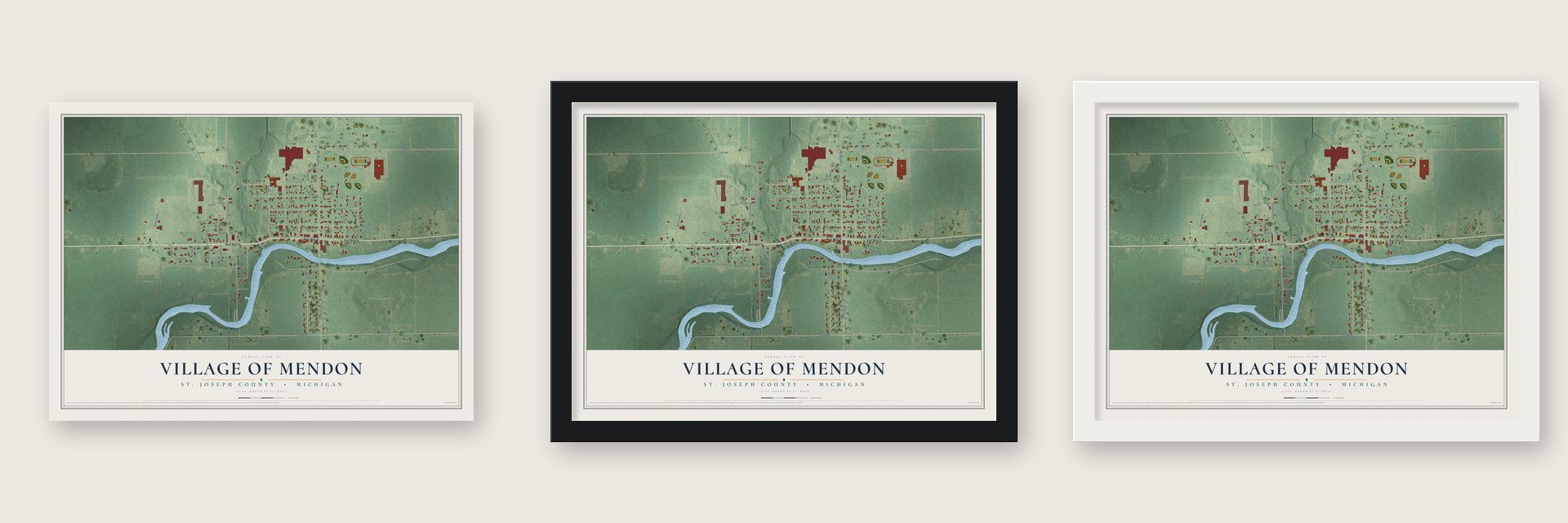 Mendon, Michigan map unframed, in a black wood frame and in a white wood frame