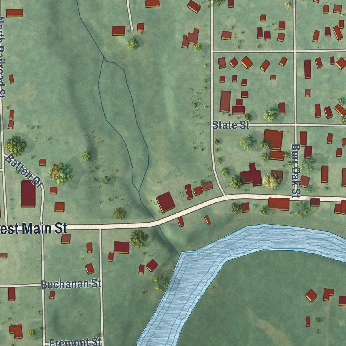 Second close-up of the map of Mendon, Michigan print showing more streets and buildings