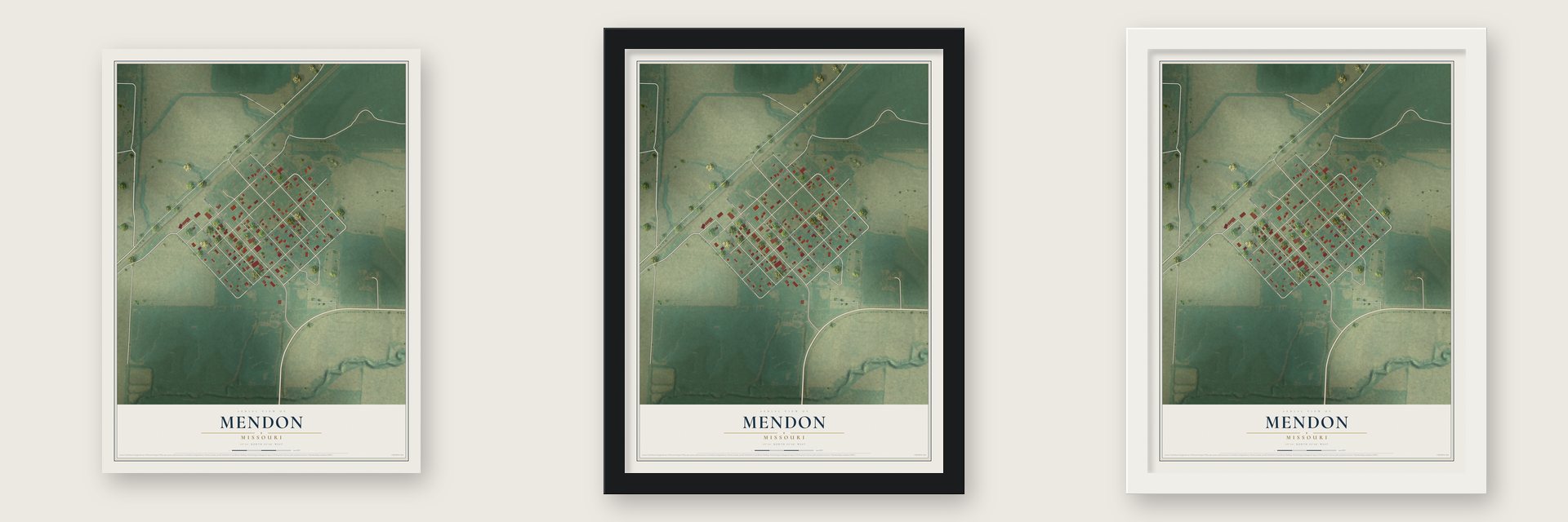 Mendon, Missouri map unframed, in a black wood frame and in a white wood frame