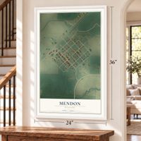 Mendon, Missouri map, 24 x 36 inch print in a white frame by a staircase