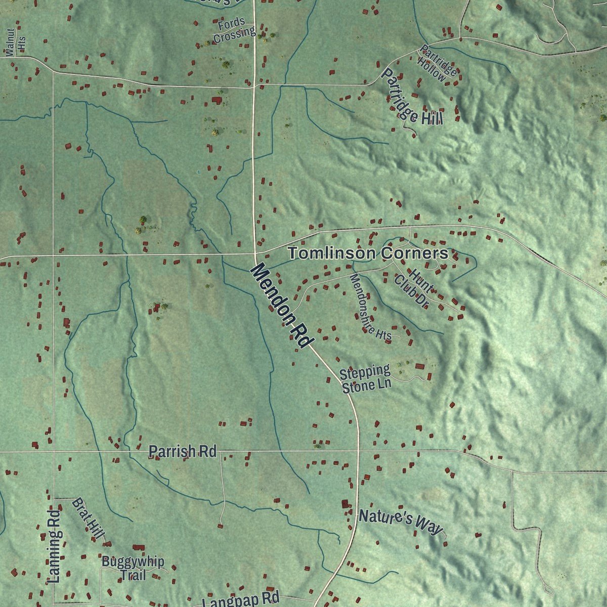 Second close-up of the map of Mendon, New York print showing more streets and buildings