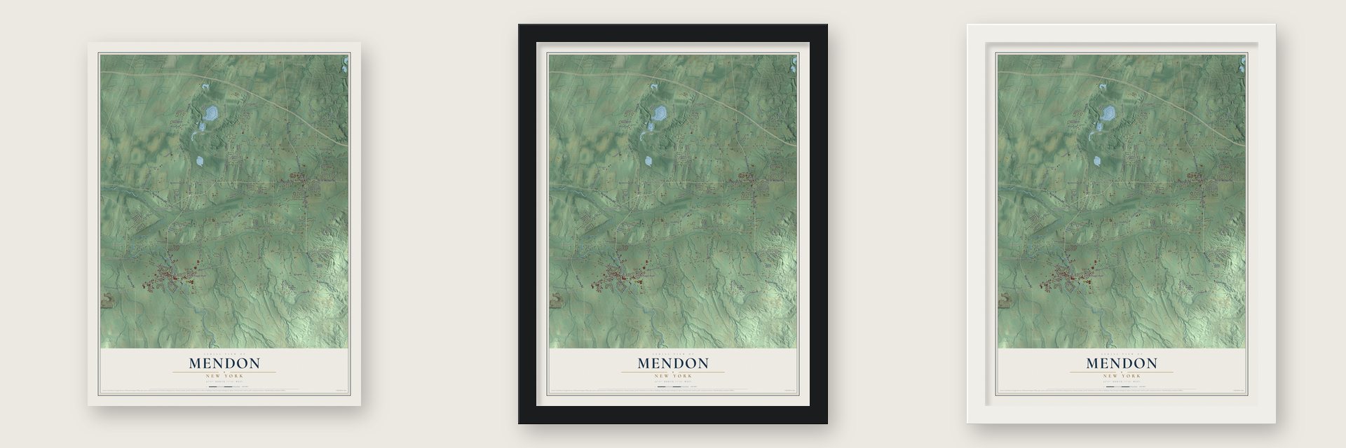 Mendon, New York map unframed, in a black wood frame and in a white wood frame