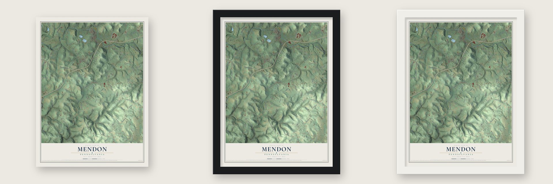 Mendon, Pennsylvania map unframed, in a black wood frame and in a white wood frame